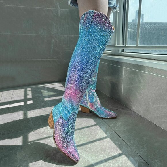 Ronilurn Women Blue Pink Rhinestone Pointed Toe Cowgirl Boot Pull On Side Zipper - Picture 8 of 10
